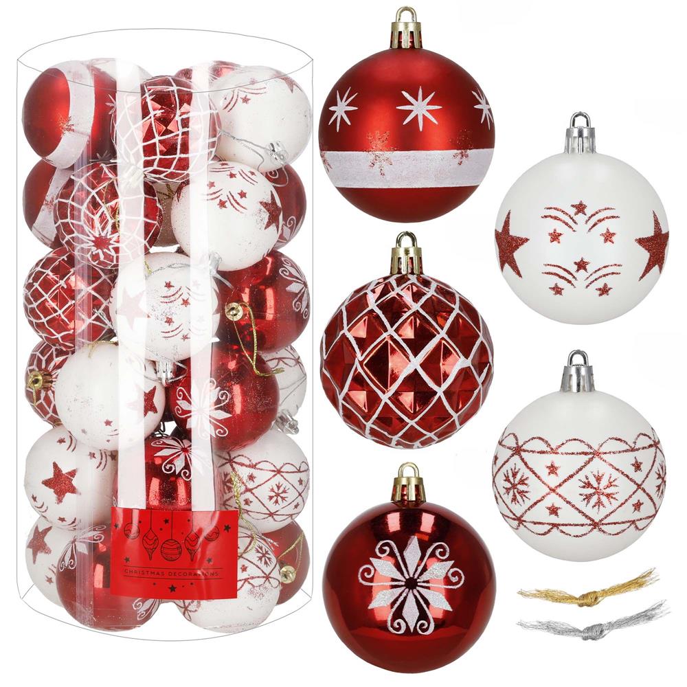Vianočné gule, vianočné ozdoby na stromček, 30 kusov, nerozbitné, biele a červené Springos CA0987