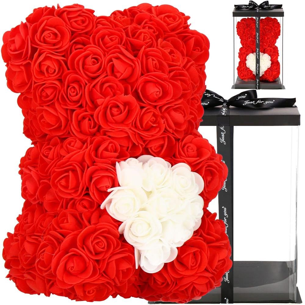 SPRINGOS Medvedík z ružových lupeňov, 25 cm – červený s bielym srdcom HA7219