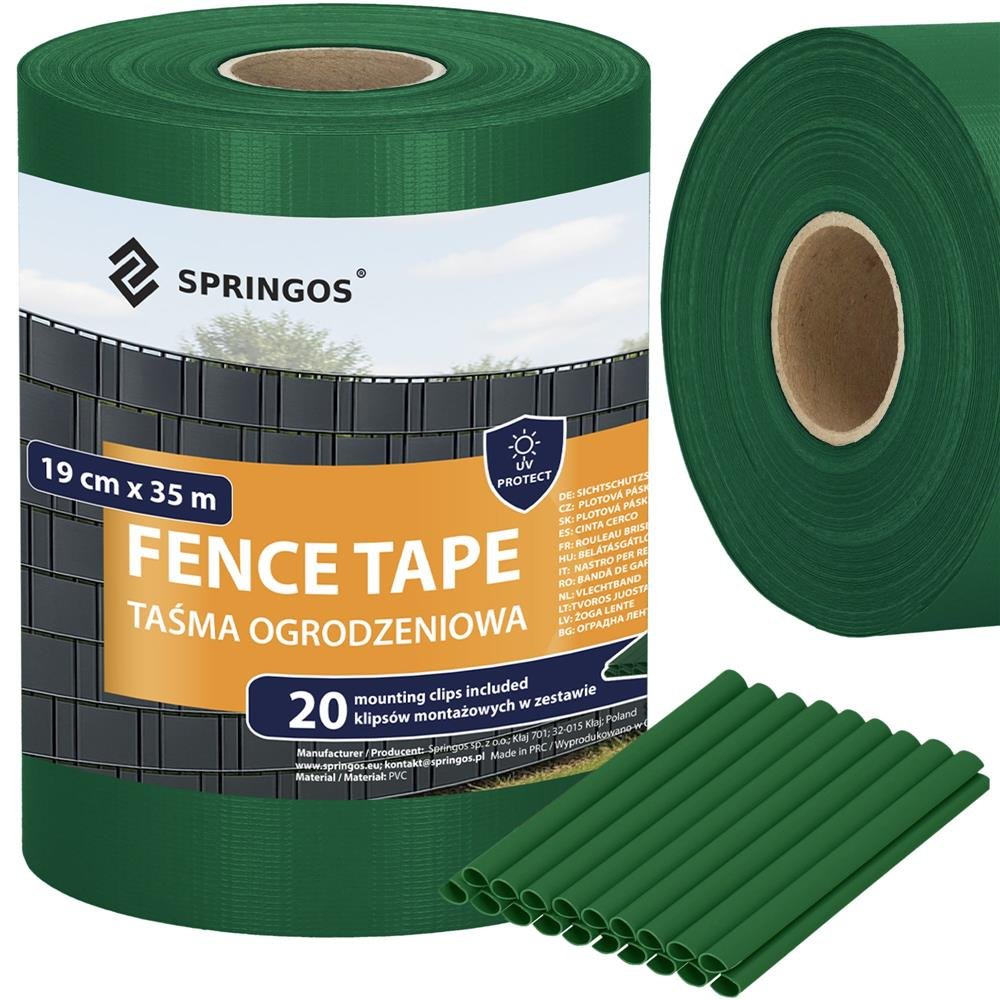 SPRINGOS Krycia páska na plot s montážnymi klipmi 20 ks PVC 35 m × 19 cm 450 g/m² tmavozelená FN0008