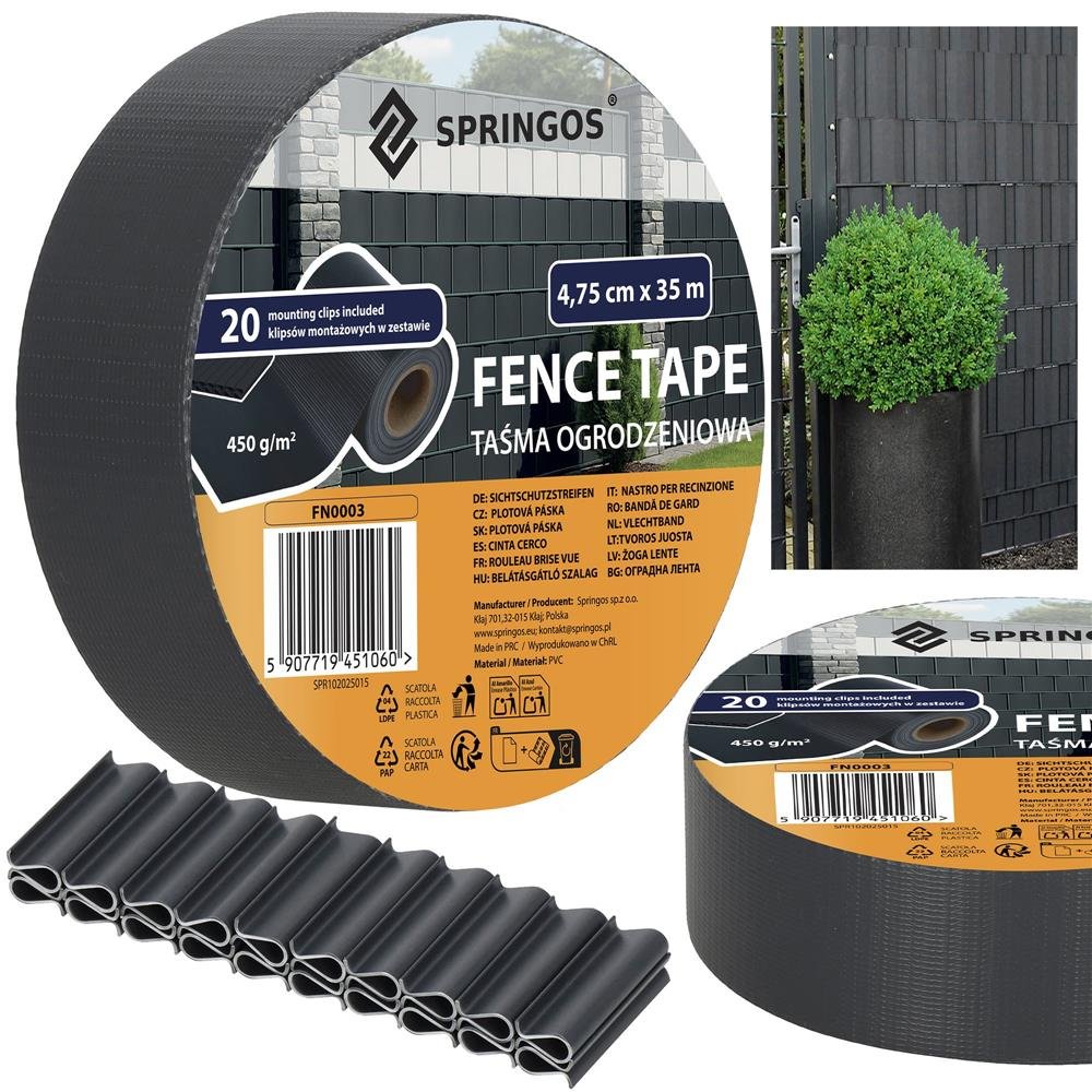 SPRINGOS Plotová páska s montážnymi klipmi 20 ks PVC 35 m × 4,75 cm 450 g/m² antracit FN0003