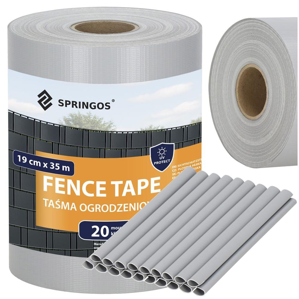 SPRINGOS Plotová páska s montážnymi klipmi 20 ks PVC 35 m × 19 cm 450 g/m² – sivá FN0002