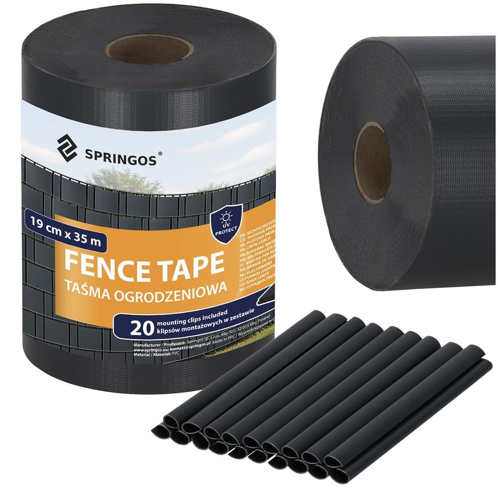SPRINGOS Plotová páska s montážnymi klipmi 20 ks PVC 35 m × 19 cm 450 g/m² – antracit FN0001