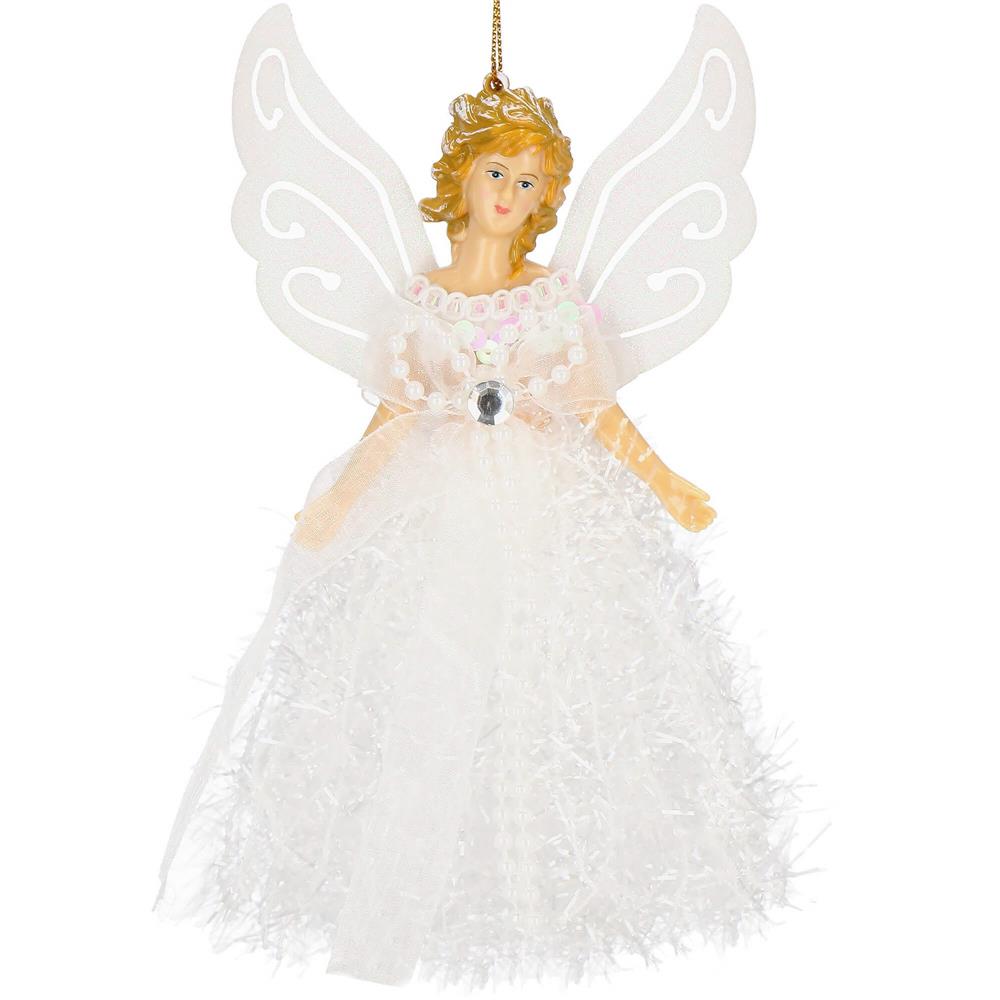 CA0702 Vianočná ozdoba „Anjel“ 20 cm – biely trblietavý prívesok Springos