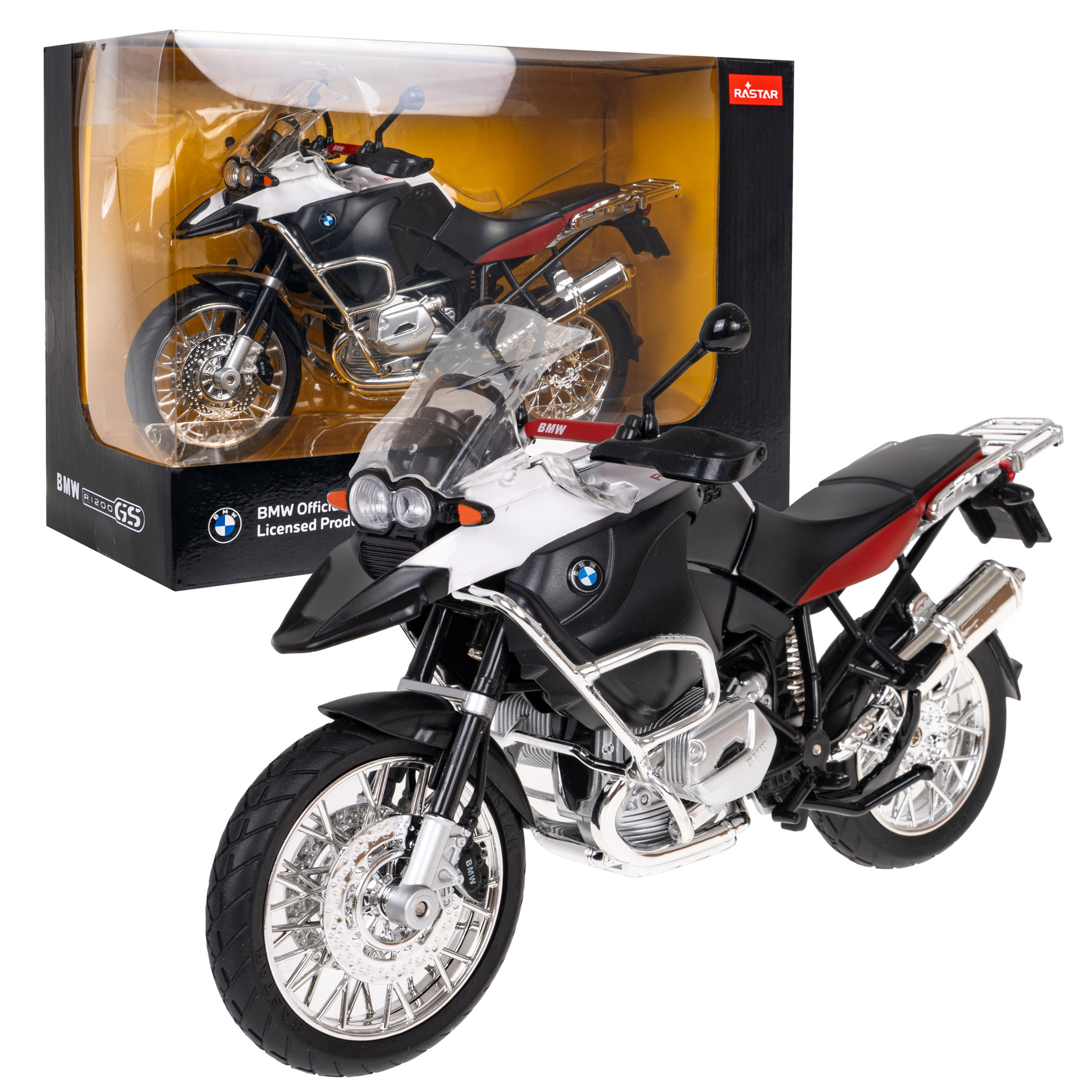Motorka BMW R 1200 GS biela RASTAR model 1:9 Kovová karoséria