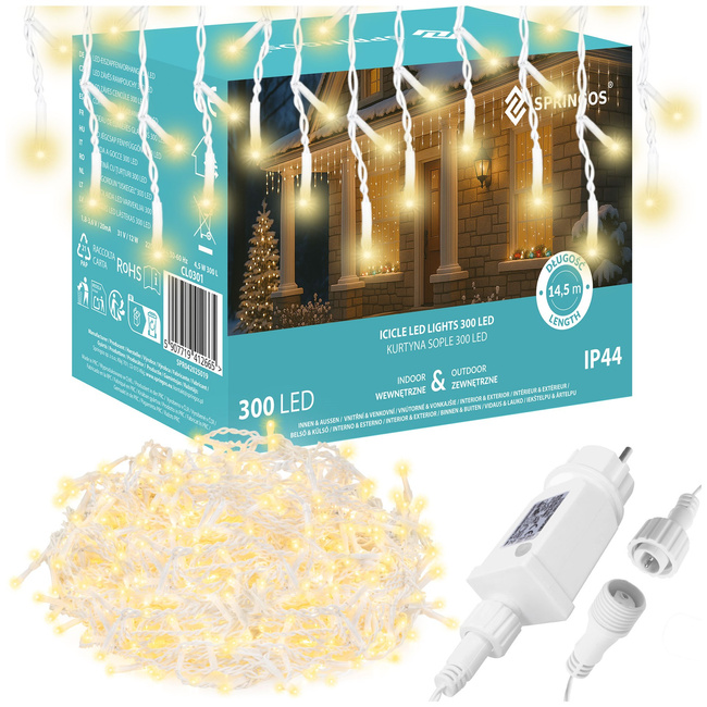 Svetelný záves 300 LED girlanda, vnútorné aj vonkajšie svetielka v tvare cencúľa, teplá biela SPRINGOS CL0301