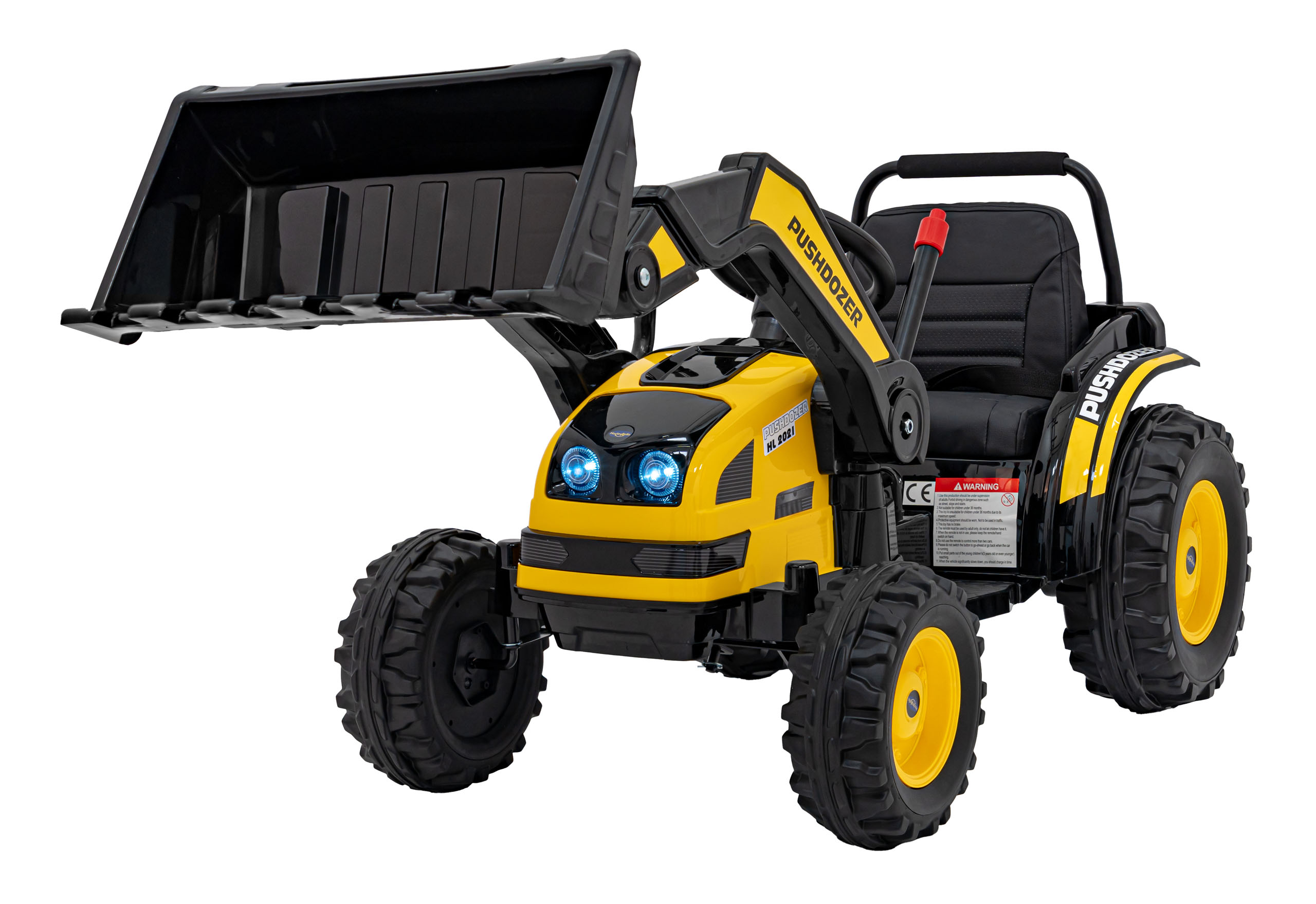 Batériový bager-traktor pre deti žltý + pohyblivé rameno lyžice + diaľkové ovládanie + pomalý štart + FM rádio + LED