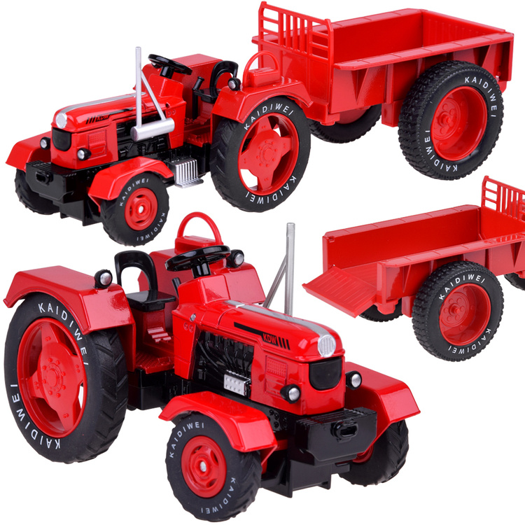 Jokomisiada Červený kovový traktor s otočnými gumovými kolesami a prívesom – mierka 1:18 ZA5202