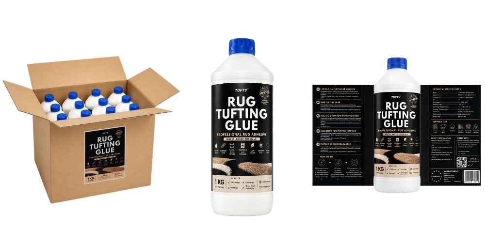 Tufting Kleber von Tufty – 1-l-Flasche, 3er-Pack und 12er-Karton