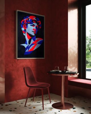 @vibinrugs blending classical art with bold modern colorwork in this striking David-inspired tufted piece 🔴🔵 #tufting...