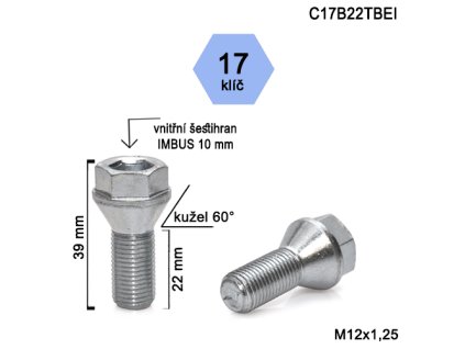 Kolový šroub M12x1,25x22 kužel s krátkou hlavou, klíč 17 (C17B22TBEI) výška 39 mm