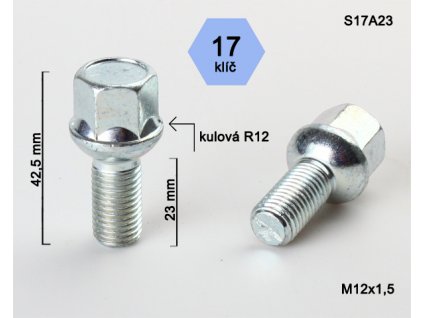 Kolový šroub M12x1,5x23 kulová R12, klíč 17 (S17A23R12); výška 42,5mm
