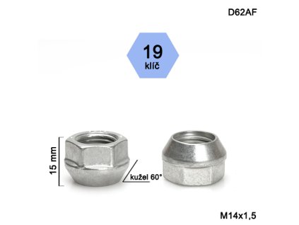 Kolová matice M14x1,5 kužel otevřená, klíč 19 (D62AF) výška 15mm