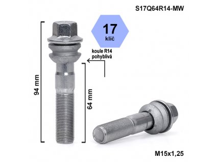 Kolový šroub M15x1,25x64 kulová R14 pohyblivá, klíč 17 (S17Q64R14F-MW) výška 94mm