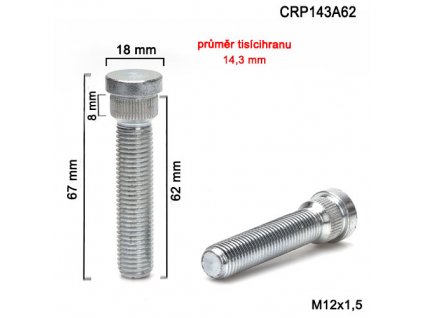 Kolový svorník M12x1,5x62 tisícihran průměr 14,3mm (CRP143A62) celková délka 67mm