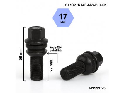 Kolový šroub M15x1,25x27 kulová R14 pohyblivá, klíč 17 (S17Q27R14E-MW-BLACK) výška 58mm