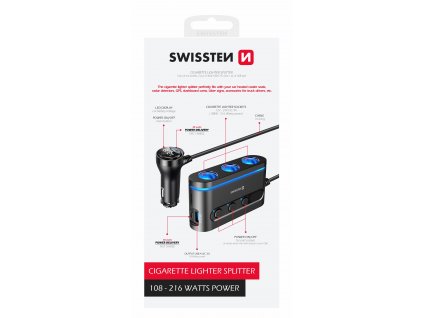 Roztrojka SWISSTEN s výstupem 3x CL, 2x USB-C PD a 1x USB-A QA 3.0, 108W - 216W, 48042