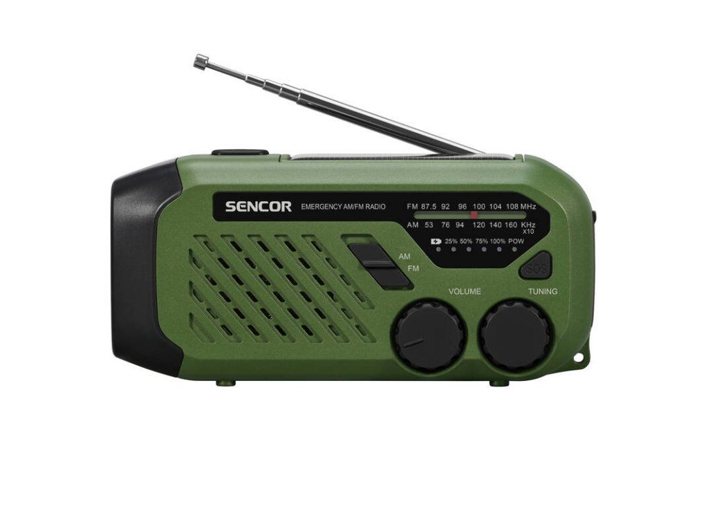 Čelný priamy pohľad na núdzové rádio Sencor