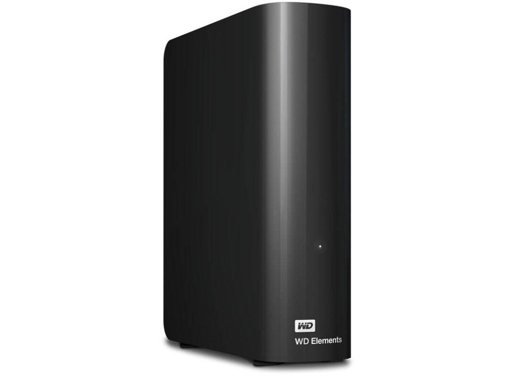 Pohľad spredu z uhla na elegantný čierny externý pevný disk WD Elements Desktop