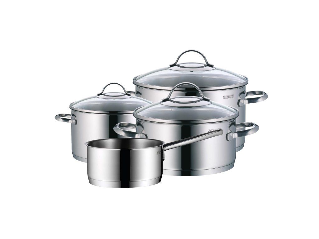 Pohľad na kompletnú 4-dielnu sadu nerezových hrncov WMF Provence Plus