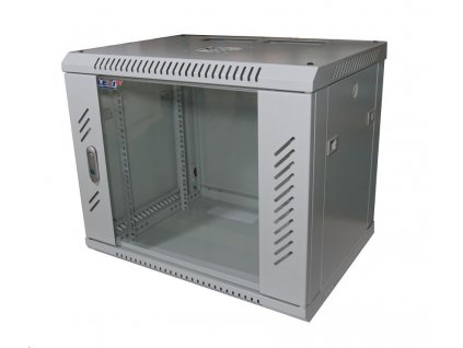 19" nástenný 9U rack LEXI, šírka 600 mm, hĺbka 450 mm, sklenené dvere, nosnosť 60 kg, dodávaný v rozloženom stave, sivá