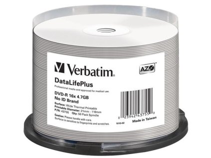 VERBATIM DVD-R(50-Pack)/Spindle/16X/4.7GB/DataLife Plus Wide Thermal Professional No ID Brand