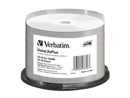 VERBATIM CD-R(50-pack) spindl, AZO 52X,700MB,WHITE WIDE THERMAL PRINTABLE SURFACE NON-ID