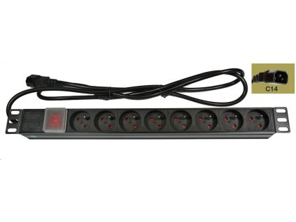 19" rozvodný panel LEXI-Net 8x230V, ČSN, vypínač, indikátor napětí, kabel 1,8m, 1U, přívodní kabel pro UPS (IEC320 C14)