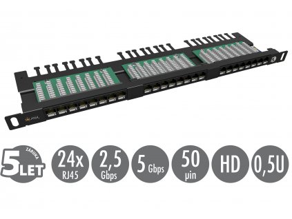 19'' patch panel Solarix 24xRJ45 CAT5E UTP s vyvazovací lištou černý 0,5U SX24HD-5E-UTP-BK