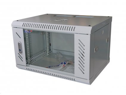 19" nástenný 6U rack LEXI, šírka 600 mm, hĺbka 450 mm, sklenené dvere, nosnosť 60 kg, dodávaný v rozloženom stave, sivá