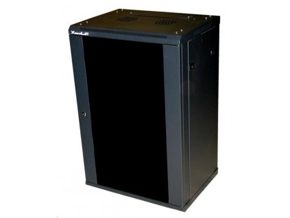 XtendLan 19" nástěnný rozvaděč 18U 600x450, nosnost 60 kg, skleněné kouřové dveře, rozložený, černý