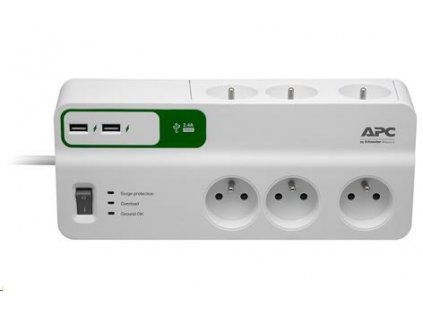 APC Essential SurgeArrest 6 zásuviek s 5 V, 2.4A 2-portová USB nabíjačka, 230V Francúzsko, 2m