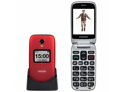 EVOLVEO EasyPhone FS, vyklápěcí mobilní telefon 2.8'' pro seniory s nabíjecím stojánkem (červená barv