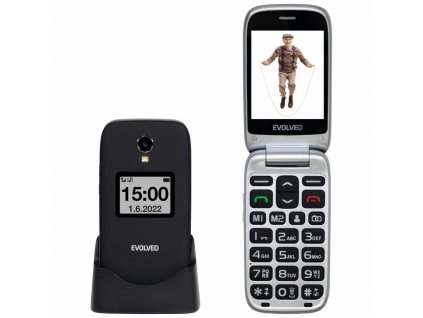 EVOLVEO EasyPhone FS, vyklápěcí mobilní telefon 2.8" pro seniory s nabíjecím stojánkem (černá barva)