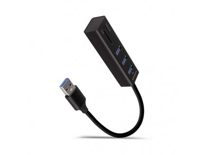 AXAGON HMA-CR3A, USB 3.rozbočovač 2. generácie, 3x porty USB-A + čítačka kariet SD/microSD, kov, 20 cm kábel USB-A