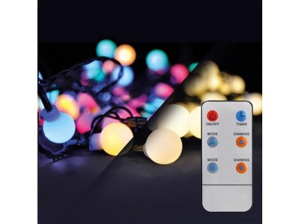 Solight LED 2v1 venkovní vánoční řetěz, koule, dálkový ovladač, 100LED, RGB+bílá, 10m+5m, 8 funkcí, IP44