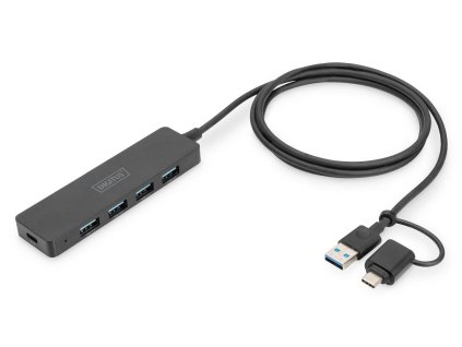 USB 3.0 Hub 4-port, Slimline s USB-C adaptérem, 5 Gb/s, 1,2 m kabel Rozšiřuje váš notebook o připojení USB-C nebo US