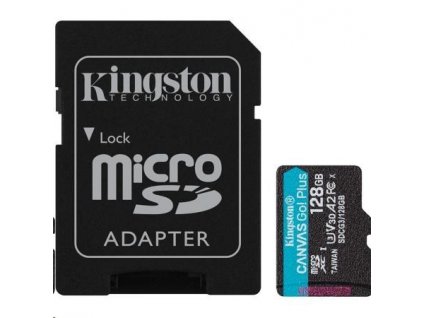 Kingston MicroSDXC karta 128GB Canvas Go! Plus, R:170/W:90MB/s, Class 10, UHS-I, U3, V30, A2 + Adaptér