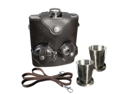 Ploskačka s pohárikmi v koženom púzdre 450ml