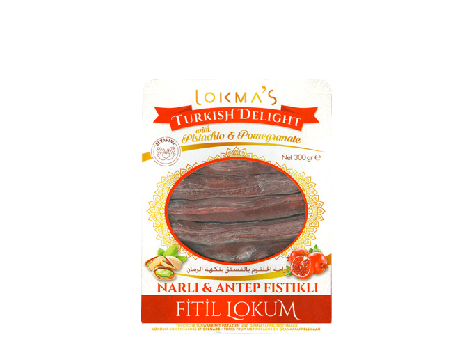 Turecké lokum granátové jablko tyčinky s pistáciemi - Narli Antep Fistikli Fitil Lokum LOKMAS 300g - www.turecky-sen.cz