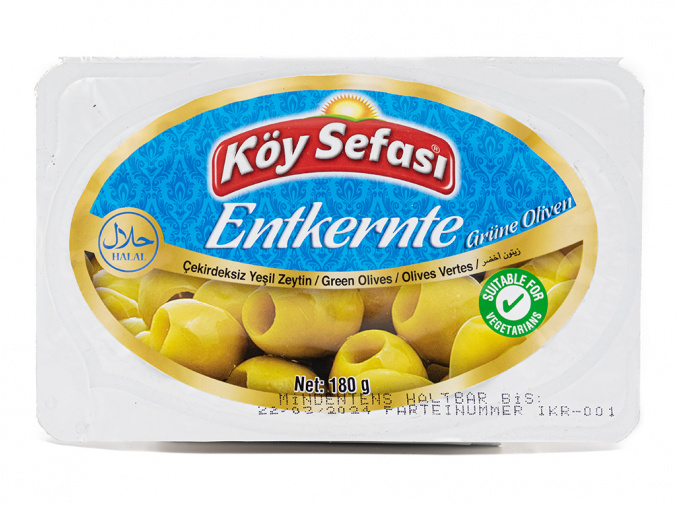 Zelené olivy bez pecky s kořením - Yeşil Zeytin Çekirdeksiz KÖY SEFASI 180g - www.turecky-sen.cz