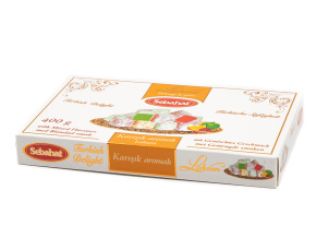 Lokum mix (pomeranč, jablko, granátové jablko) - Karisik Aromali Lokum SEBAHAT 400g - www.turecky-sen.cz