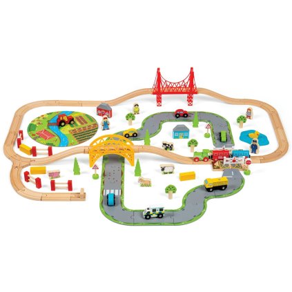 Dřevěná vláčkodráha s venkovskou cestou 80 dílů | Bigjigs Rail