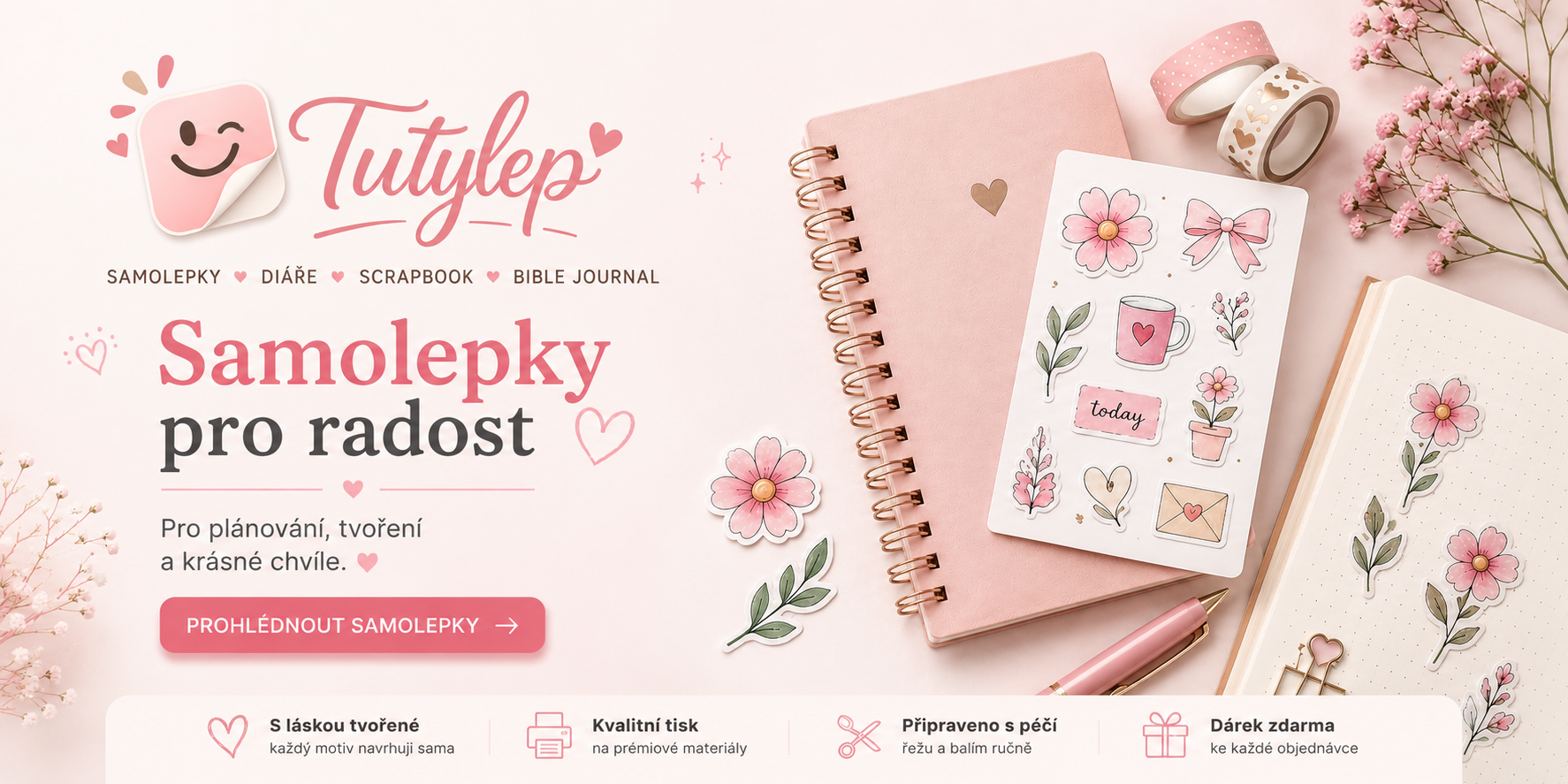 Banner e-shopu Tutylep s originálními samolepkami pro plánování a tvoření.