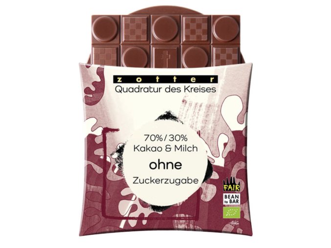 zotter ctverec 70:30 bio mlecna cokolada bez cukru a sladidel