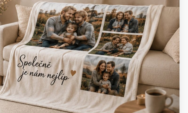Hebká fotodeka s rodinnými fotkami přehozená přes gauč