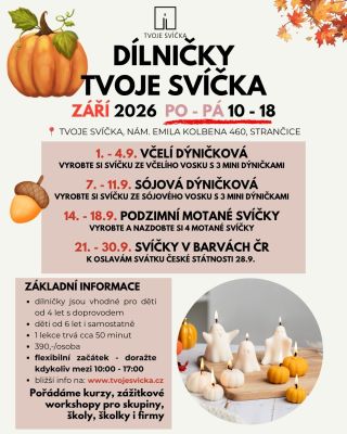 Přijďte si k nám kreativně odpočinout a vyrobte si jedinečné svíčky. Témata na září: 🍂 1. - 4.9. VČELÍ DÝNIČKOVÁ SVÍČKA...