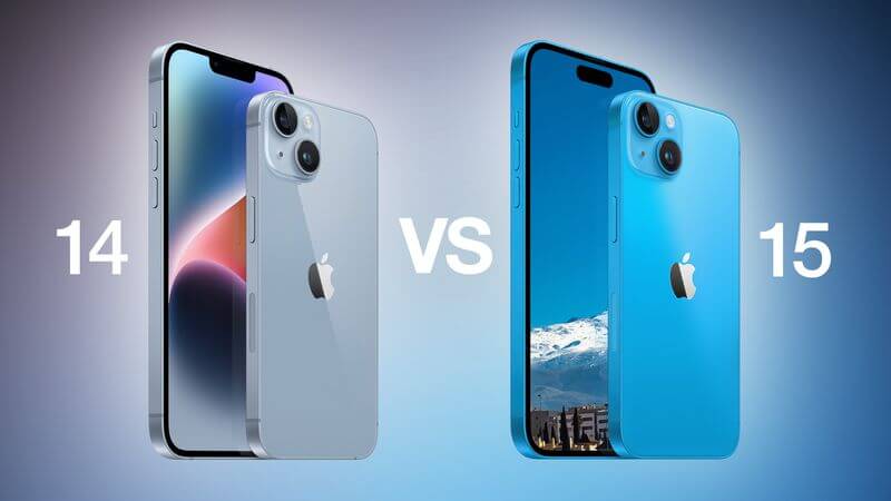 Sivý iPhone 14 vs. modrý iPhone 15. 