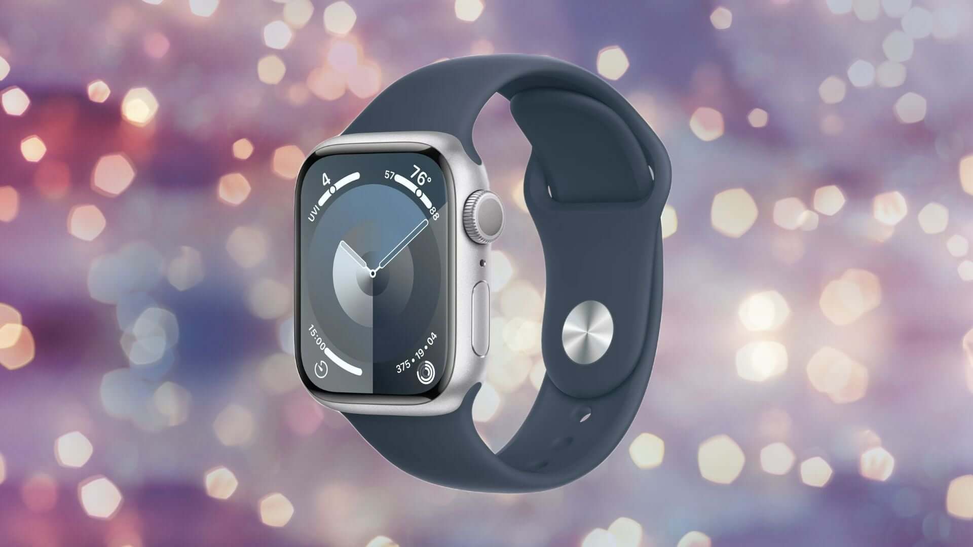 Hodinky watch series 9 od Apple sivej farby s trbietavým pozadím. 