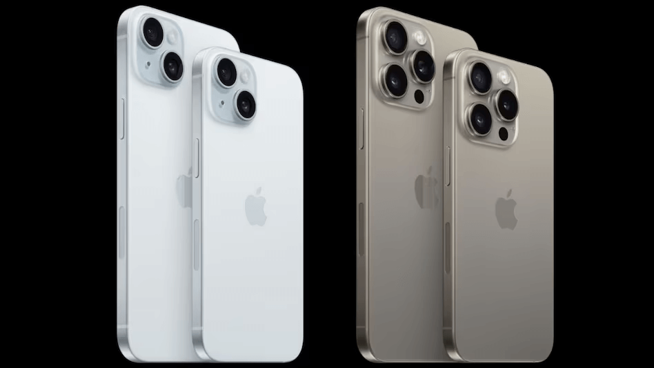Telefóny iPhone 14 a 15 v bielej a sivej farbe. 