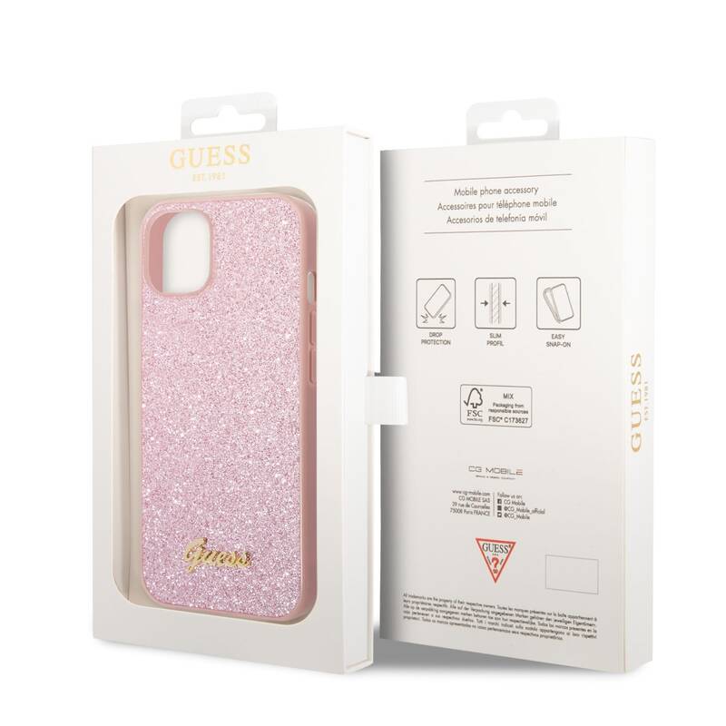 Zadné púzdro Guess Glitter Flakes Metal Logo iPhone 14 - pink